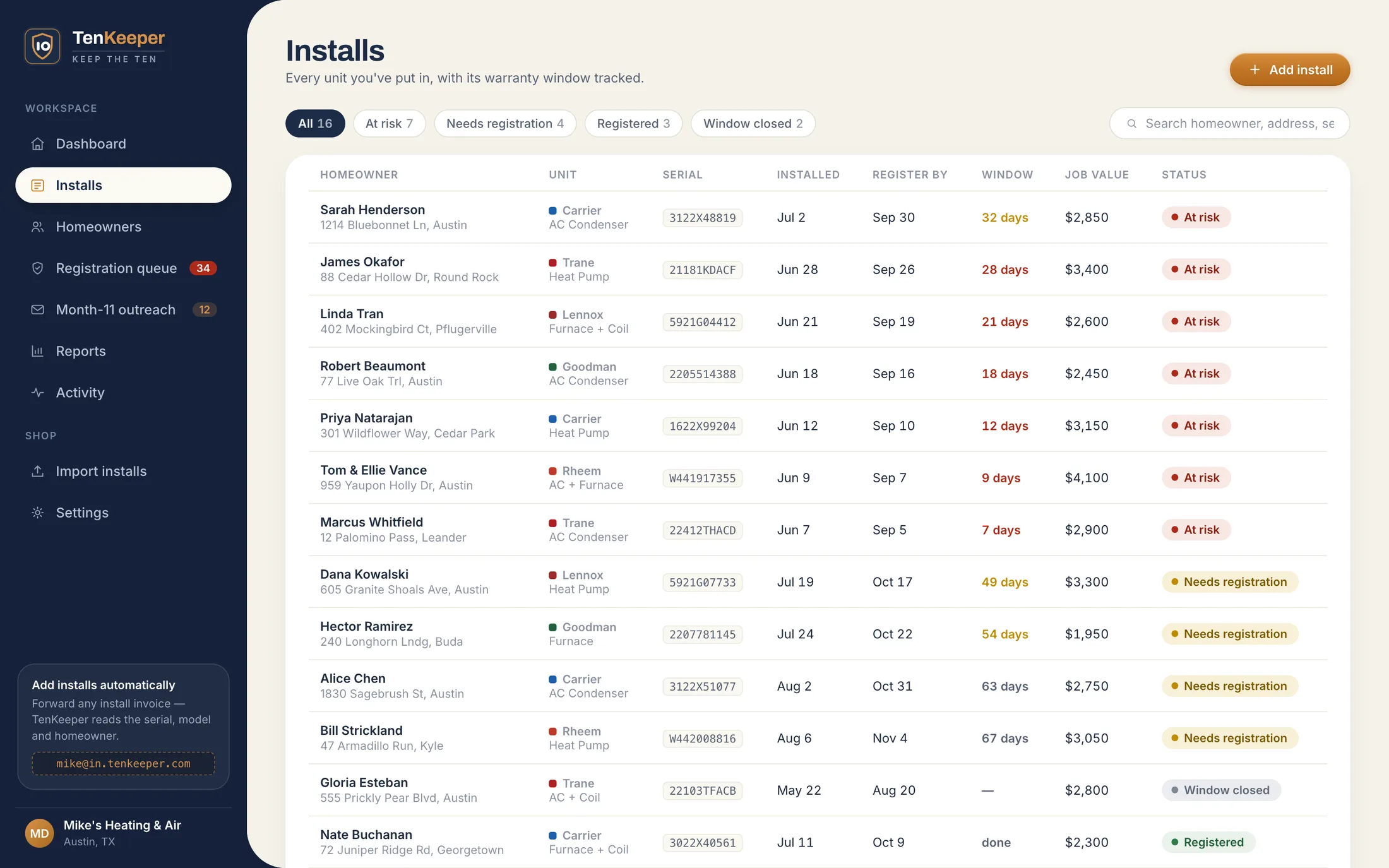 TenKeeper installs list showing each unit with its serial, install date, register-by date and days remaining in the registration window.