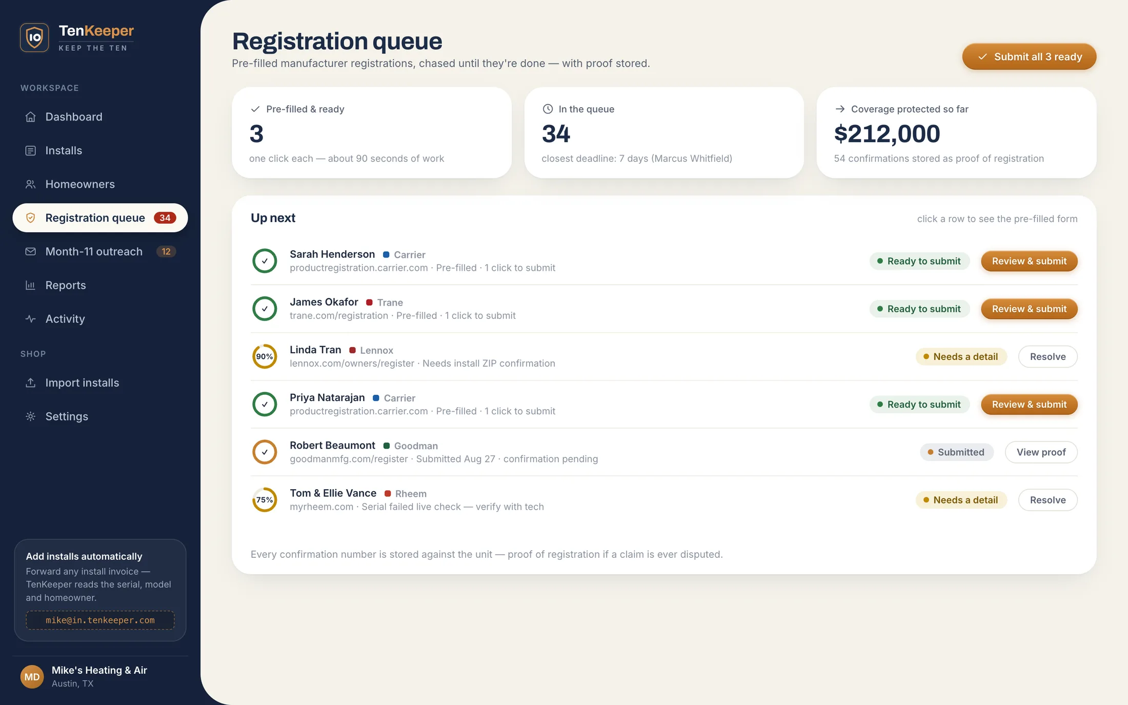 TenKeeper registration queue with three registrations pre-filled and ready to submit in one click each, and 34 in the queue.